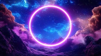 Poster - Vibrant neon colorful 3d frame circle glows amidst a dreamy cloudscape, illuminated by a gradient of pink Copy blue hues abstract background and space for text