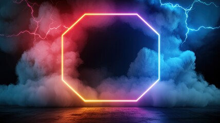 Poster - background, neon hexagon frame glowing amidst colorful abstract clouds contrast creating a striking visual Vibrant Copy space for text