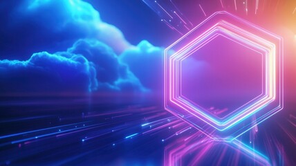 Poster - Vibrant 3d neon hexagon frame glowing amidst colorful abstract clouds background gradient blue, pink and of creating a striking visual contrast Copy space for text