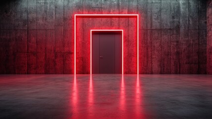 Poster - White door highlighting against red wall, bathed in neon lighting, dramatic minimalist interior design with vibrant, standing ambiance background