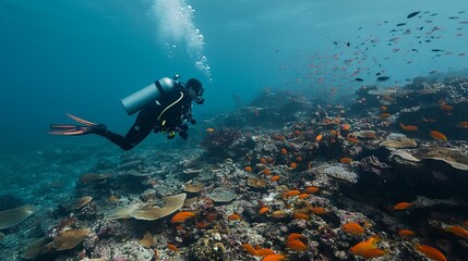 Poster - Beneath the azure waves, a scuba diver glides gracefully through a breathtaking underwater landscape. Colorful fish dart among the coral, illuminating the depths with their lively presence