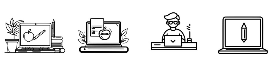 Poster - vector illustration of creative workspaces featuring laptops with design elements and tools during a