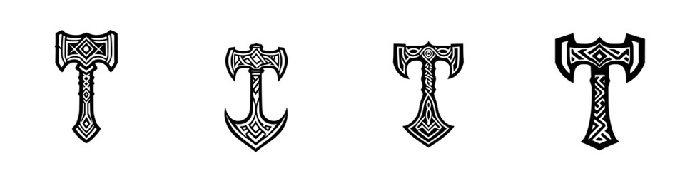 Poster - Unique collection of vector illustration icons featuring intricately designed axes with ornate patterns and shapes