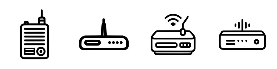 Poster - Vector illustration of communication devices including radio, modem, and wireless router in a digital design layout
