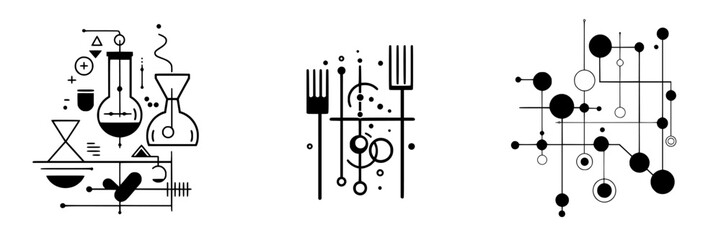 Poster - Vector illustration of science and dining elements represented through abstract geometric designs suitable for educational or culinary themes