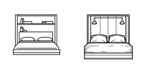 Poster - Vector illustration showing two distinct bed designs featuring storage and modern aesthetics in simple line art style