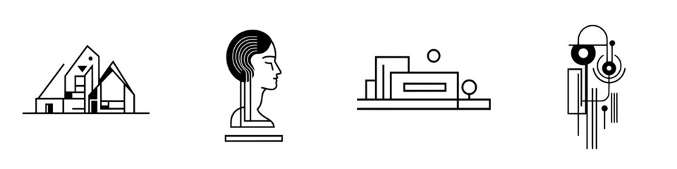 Poster - Vector illustration featuring modern architecture, abstract profile design, and geometric shapes in a minimalist style