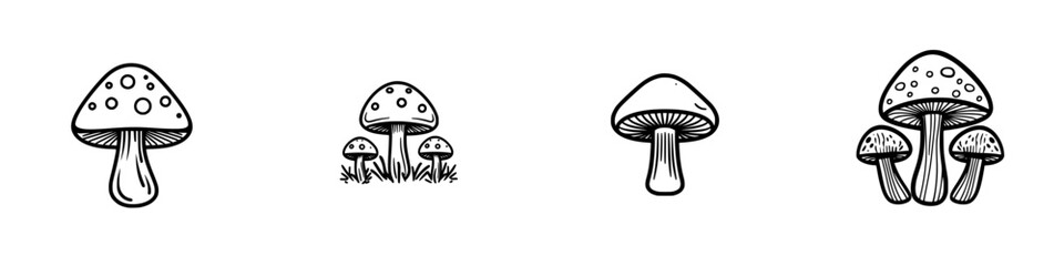 Poster - Vector illustration of various mushrooms in black and white, showcasing different shapes and sizes in a minimalist design