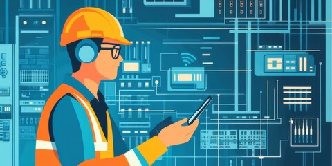Poster - Construction worker using technology to monitor systems in a high-tech environment