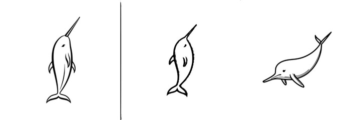Poster - unique vector illustration showcasing three distinct narwhals engaged in playful swimming activities