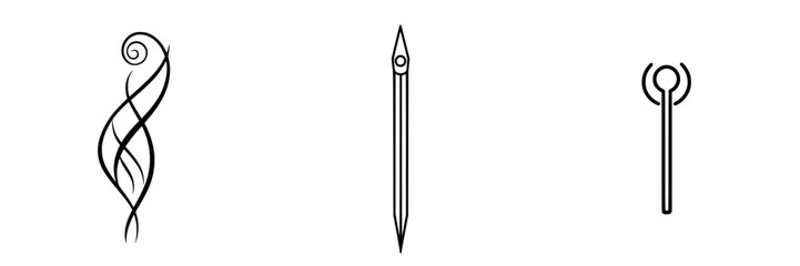 Poster - Decorative vector illustrations of creative tools including a swirl design, a pointed pen, and a sewing needle in a minimalist style