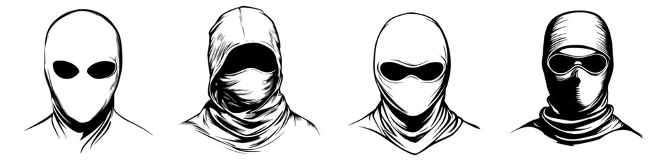 Poster - collection of four distinctive vector illustrations featuring mysterious masked figures with varied 