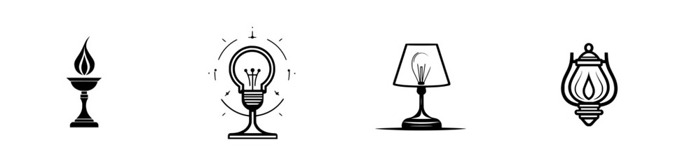 Poster - Vector illustration icons featuring various types of light sources including a candle, bulb, lamp, and lantern