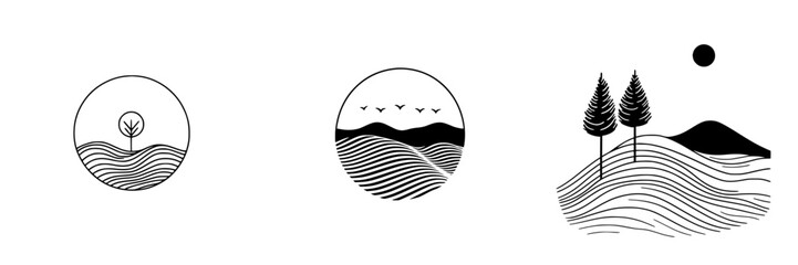 Poster - Vector illustration depicting trees, hills, and flowing waves showcasing a minimalistic natural landscape in black and white