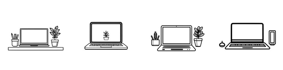 Poster - Modern workspace vector illustration featuring minimalist laptops and plants for a productive environment