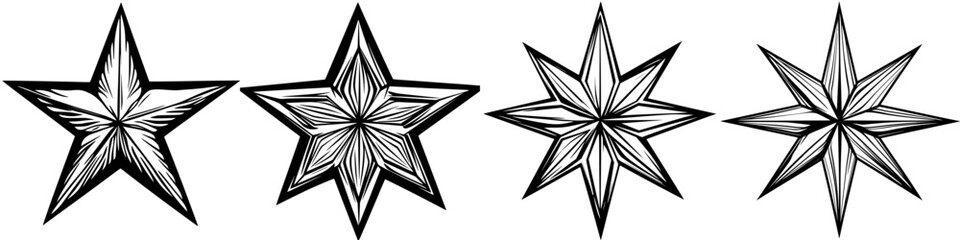 Poster - four decorative star vector illustrations featuring unique designs and intricate details suitable fo