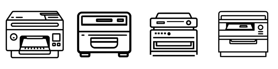 Poster - Illustration of various printer icons representing different models and types in a clear vector style