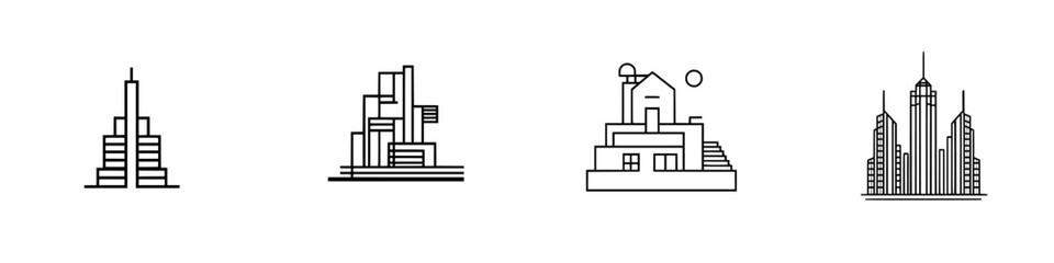 Poster - Vector illustration icons of various building structures showcasing modern architectural design styles and urban aesthetics