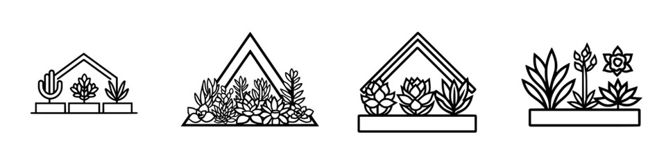 Poster - Vector illustration of various succulent plant arrangements in geometric containers showcasing modern gardening aesthetics