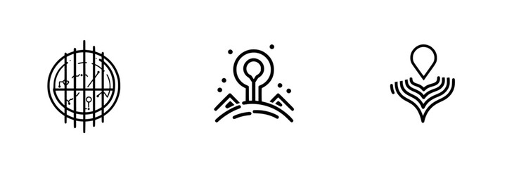 Poster - vector illustration of globe, light bulb with mountains, and location pin icons for creative design 