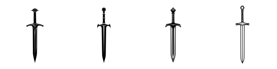 Poster - Vector illustration of four unique sword designs showcasing various styles and shapes for decorative and artistic purposes