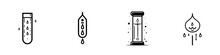 Icons representing laboratory equipment for measuring liquids, including test tubes, thermometers, and graduated cylinders