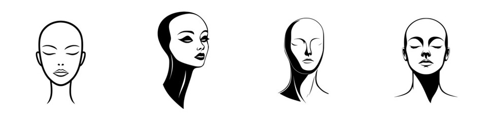 Poster - Stylized vector illustration of four unique female head designs showcasing different facial expressions and features