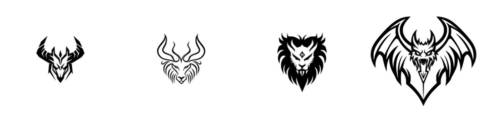 Poster - Vector illustration of dynamic animal-themed icons featuring a deer, a ram, a lion, and a dragon in a minimalist style