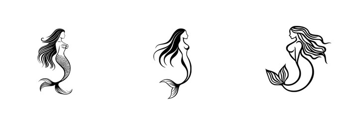 Poster - Vector illustration of three unique mermaid designs showcasing different poses and styles in a minimalist black and white aesthetic