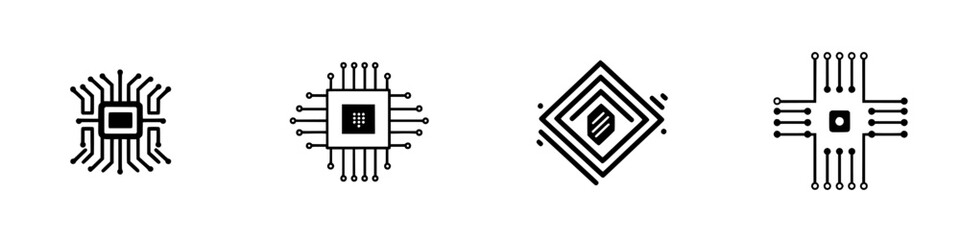 Poster - Vector illustration icons of microchips with distinct designs, showcasing technology and digital innovation in a simple monochrome style