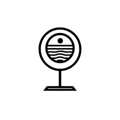 Poster - Iconic vector illustration of a decorative fan featuring a stylized ocean view and sun at sunset