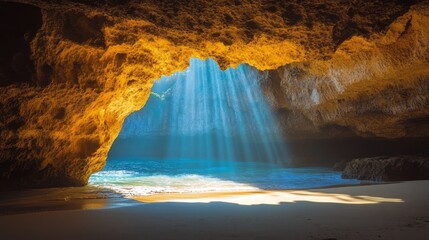 Aufkleber - Sunlight streams through a beach cave, illuminating the turquoise water and golden sands. This tranquil oasis invites exploration and relaxation beneath a stunning natural archway