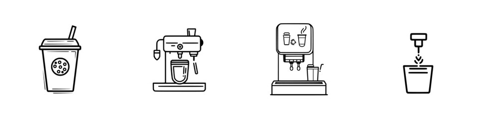 Poster - Vector illustration icons depicting a beverage cup, espresso machine, drink dispenser, and plant pot in a minimalist style