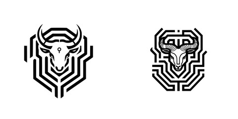 Poster - Unique vector illustration of bull and ram designs featuring intricate geometric patterns and sharp lines