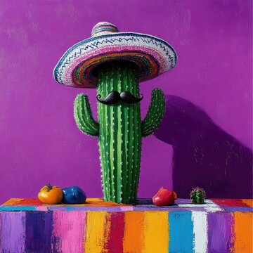 A cheerful cactus wearing a colorful sombrero and mustache sits proudly on a vibrant multicolored tablecloth, set against a bold purple backdrop with a playful wit. --profile hutgfgf