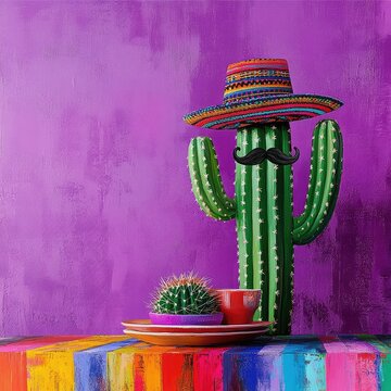 A cheerful cactus wearing a colorful sombrero and mustache sits proudly on a vibrant multicolored tablecloth, set against a bold purple backdrop with a playful wit. --profile hutgfgf