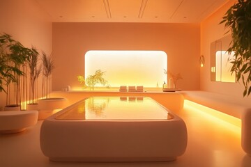Poster - Tranquil spa interior with warm lighting and serene atmosphere in a relaxation space
