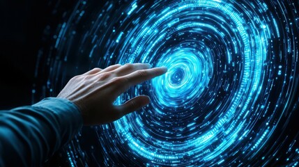 Poster - Human hand touching swirling blue energy digital environment conceptual art futuristic viewpoint