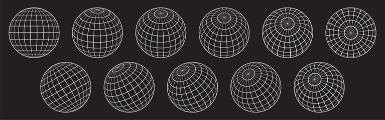 Wireframe globe grid icon vector illustration set isolated in black background