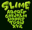 © UMRAN - Green slime font. Alphabet with flow drops and slime splashes. Liquid toxic, radioactive text in zombie style. Vector latin abs. The font is isolated on a dark background. 3d illustration