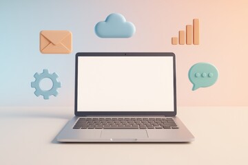 Poster - Laptop with Digital Icons: A sleek silver laptop sits on a white surface, surrounded by pastel-colored 3D icons representing email, cloud storage, data analytics, and communication.