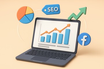 Aufkleber - SEO and Digital Marketing Concepts: A laptop displaying charts, graphs, and social media icons embodies digital marketing strategies. It's a concept image related to online marketing.