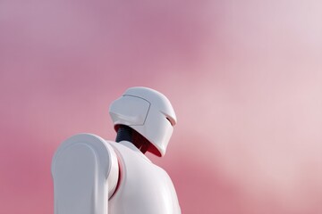 Poster - futuristic ai robot analyzing data on digital screen surrounded by vivid neon colors with abundant clean copy space