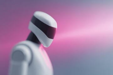 Poster - futuristic ai robot analyzing data on digital screen surrounded by vivid neon colors with abundant clean copy space