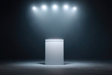 Poster - glowing empty podium illuminated by vibrant ambient lights in dark spacious studio setting