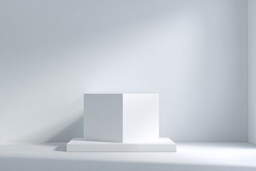 Poster - minimalist empty podium with volumetric lighting stands in center of spacious and uncluttered settin