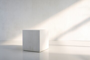Poster - minimalist empty podium with volumetric lighting stands in center of spacious and uncluttered setting