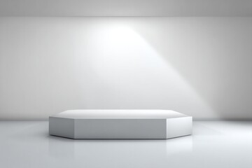 Poster - minimalist empty podium with volumetric lighting stands in center of spacious and uncluttered setting