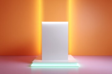 Poster - empty podium illuminated with volumetric lighting on vibrant neon background emphasizing clean lines