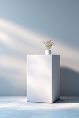 Poster - empty podium under volumetric lighting stands alone in minimalist setting blank walls surrounding it
